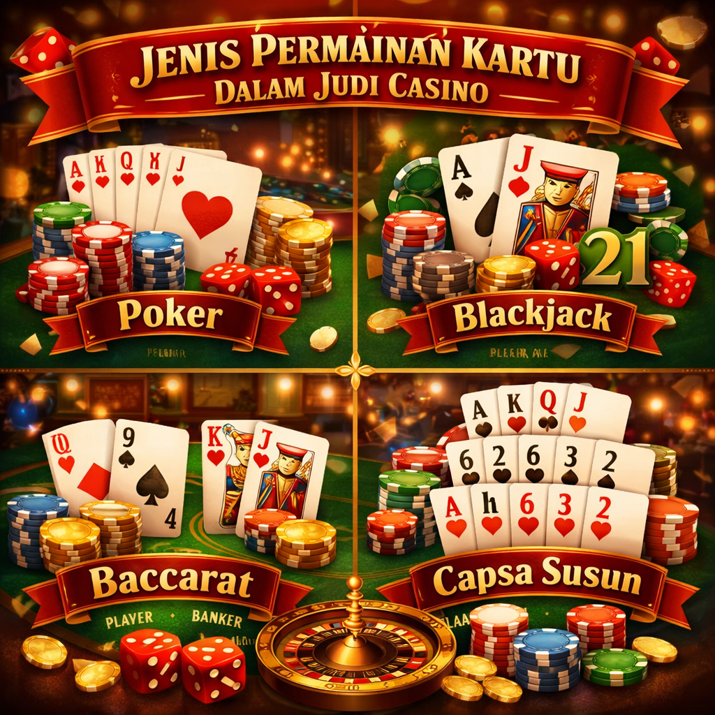 Kenali jenis permainan kartu di casino: blackjack, baccarat, poker, dan lainnya. Pahami aturan dasar, peluang, dan tips bermain bijak untuk pemula ya.